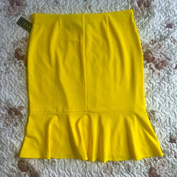 Yellow Flounce Hem Midi Flowy Trumpet Skirt Career Office Chic Women’s L - Picture 4 of 5